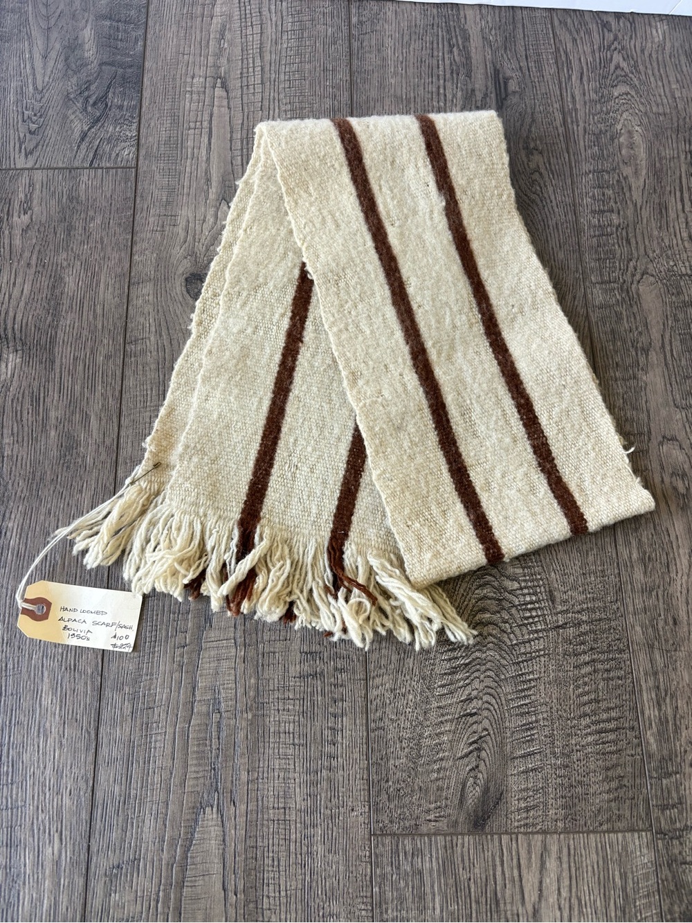 Vntg 50’s hand loomed Cream and Brown Striped Alpaca Scarf Bolivia